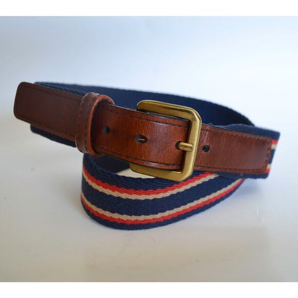 Vintage Accessories - Vintage Stripe Woven Belt Brass Leather Buckle